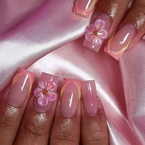 Image of Floral Press on Nails French Tip Fake Nails with Pink Ombre Design 5D Stripe False Nails Medium Square Glue on Nails Spring Nail Acrylic Full Cover Glossy Stick on Nails for Women Manicure 24Pcs