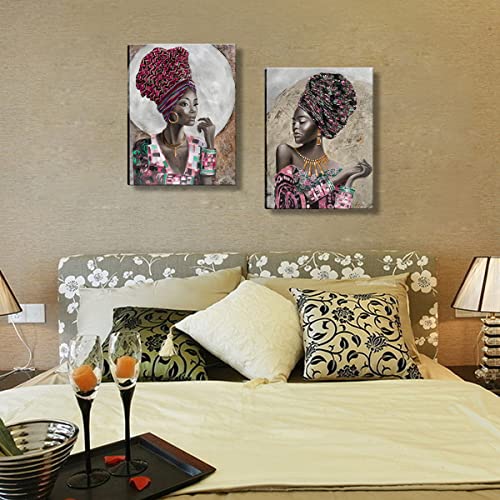 2 Pcs Framed African American Wall Art, Canvas Painting Black And Gold Pink Woman Girl Retro Portrait Abstract Gold Earrings Necklace Poster Prints Artwork Modern Home Decor For Living Room Bedroom #TOP4