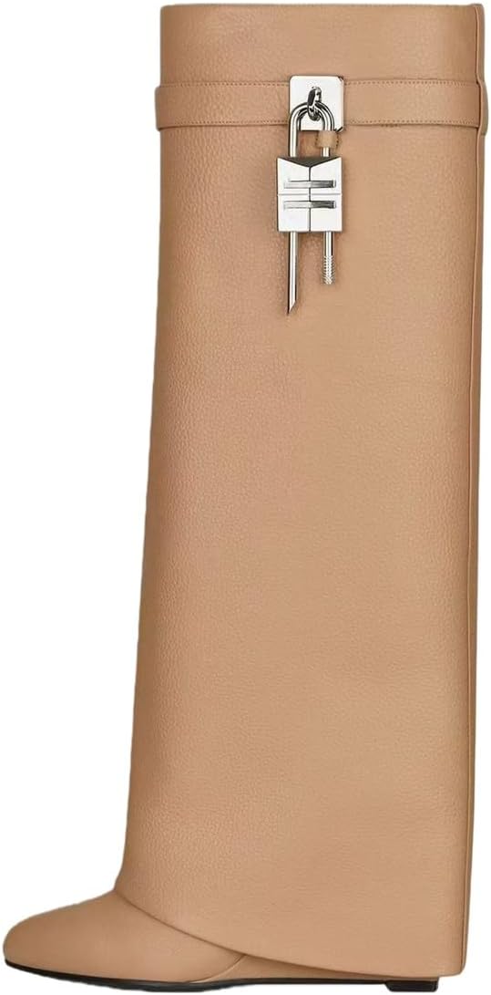 Sculptural Black Wedge-heeled Knee-high Boots with A Glossy Finish.