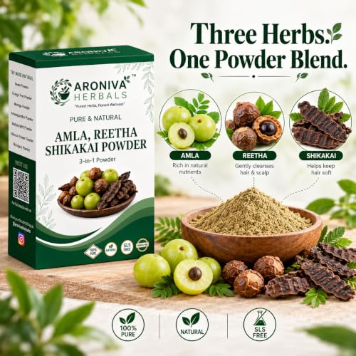 Image of Aroniva Herbals 100% Organic Amla Reetha Shikakai 3-in-1 Hair Wash Powder (200g) | Natural Herbal Shampoo Alternative for Hair Fall Control, Anti-Dandruff & Scalp Care