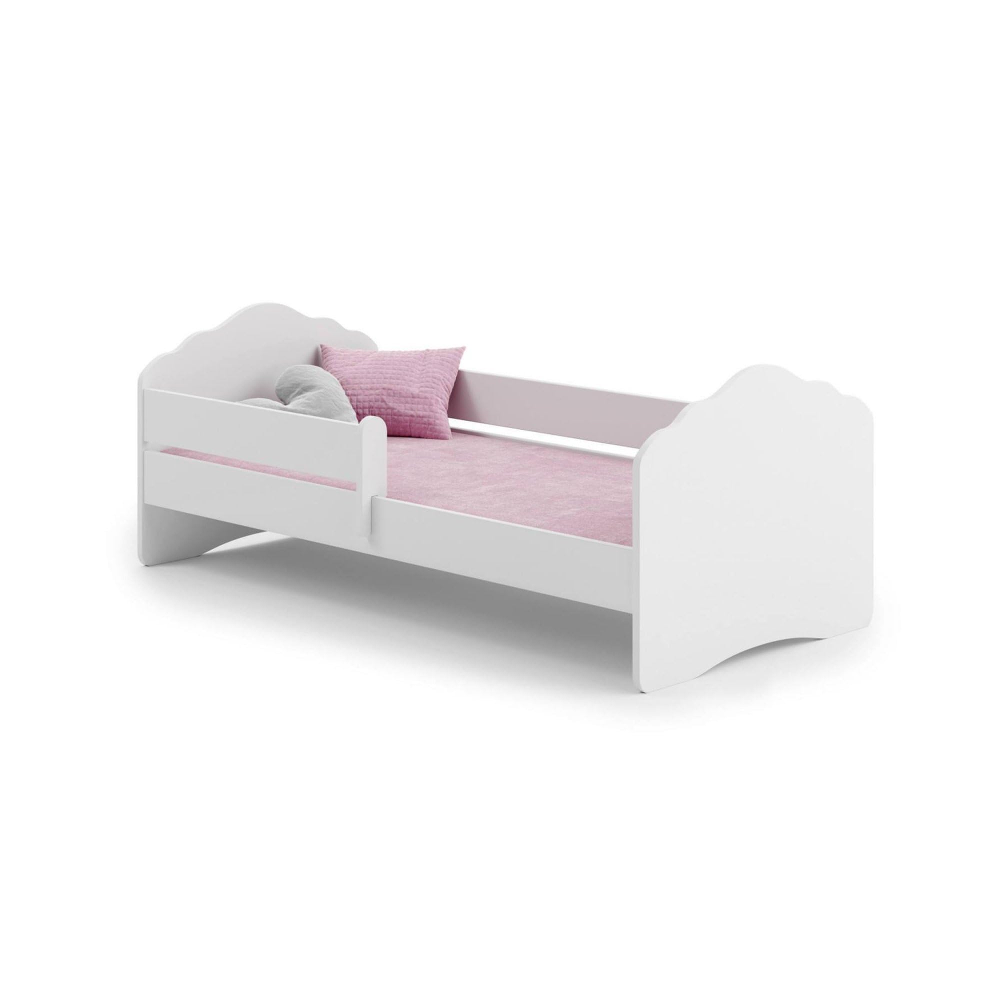 Dmora Einzelbett für Kinder, Kinderbett, Bett mit Rausfallschutz und Kopfteil in Wolke, 144 x 78 x 58 cm, Farbe Weiß