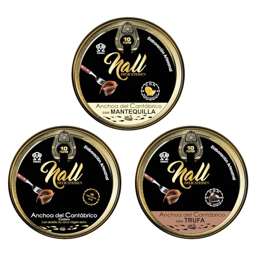 NALL DELICATESSEN (Pack 3 Latas) | Lata Anchoas XL 00 6 Filetes + Lata Anchoas XL con MANTEQUILLA 10 Filetes + Anchoas Del Cantábrico XL 00 Con Aroma A TRUFA | Elaboración Artesanal