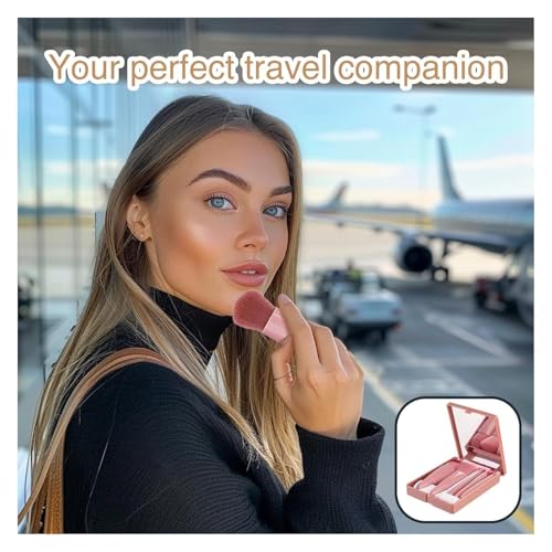 Image of DABRY Mini Makeup Brushes Kit, 5-in-1 Travel Cosmetic Brush Set with Compact Mirror, Portable Foundation Blush Eyeshadow Brushes, Pink
