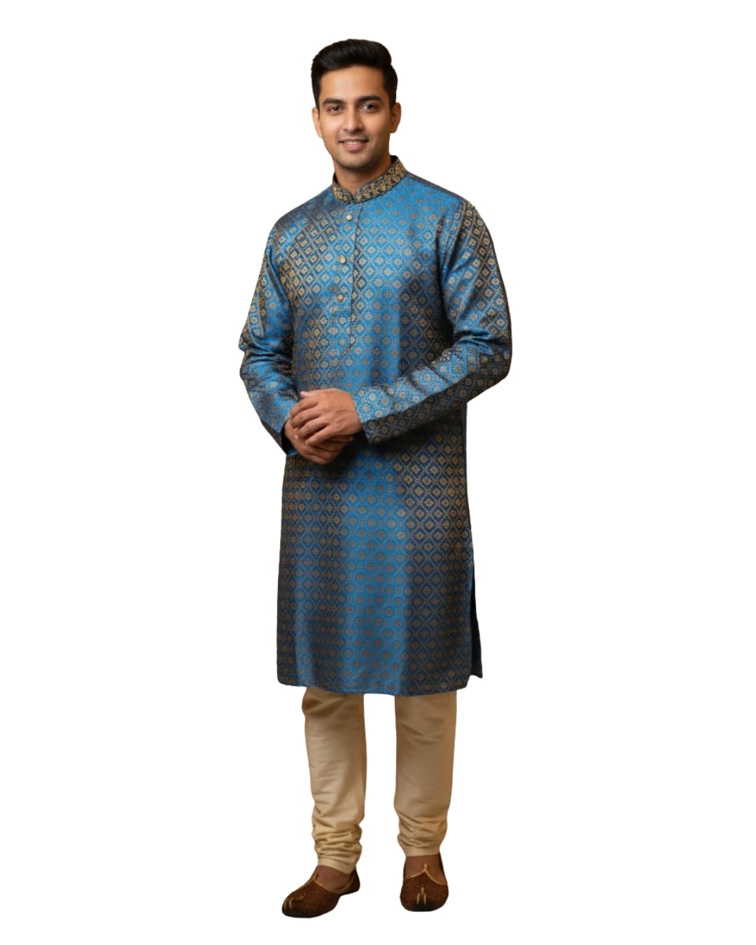 Gaurik Dresses Men's Kurta, Blue Brocade Cotton Silk, Golden Ethnic Pattern, Long Sleeve, Traditional Indian Wear-image-23