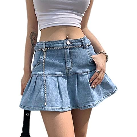 Women Girls Casual Short Skirts Slim Swing A-line Pleated Ruffle Short Mini Denim Skirts (Light Blue, M) Cover