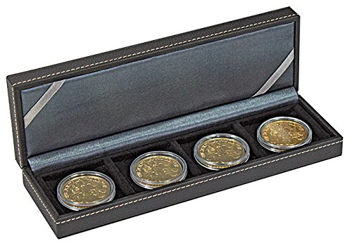 LINDNER Das Original Cassetta Per Monete NERA S | In Similpelle Con Cuciture, Per 5 Monete Da 5 Euro | Include 5 Capsule E Inserti In Velluto Nero | 243x77x38mm - 2