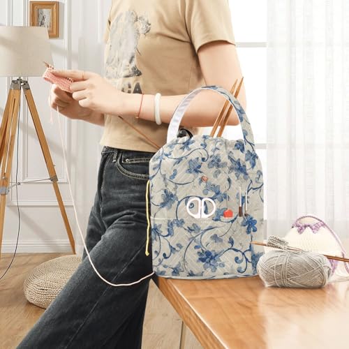 Image of Tatenale Crochet Bag Yarn Bag Knitting Project Bag with Pockets and Handle Portable Yarn Storage Organizer Tangle Free 8.3x11 InchWatercolor Blue and White Flower21