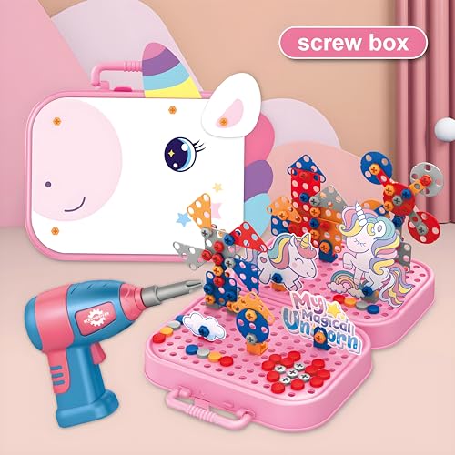 Image of Cable World Space Theme Creative Drill Set - 2-in-1 3D Building Blocks & 2D Puzzle - STEM Educational Construction Toy with Screwdriver & Portable Case for Kids 3+ Ideal for Gifting Unicorn Design