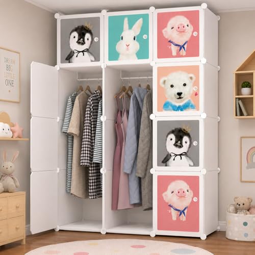 Image of EXVITO Kids Plastic Wardrobe - 12 Door Foldable Almirah for Clothes with Hanging Rod, Collapsible Wardrobe Cartoon Print Cupboard for Baby & Kids Room - White