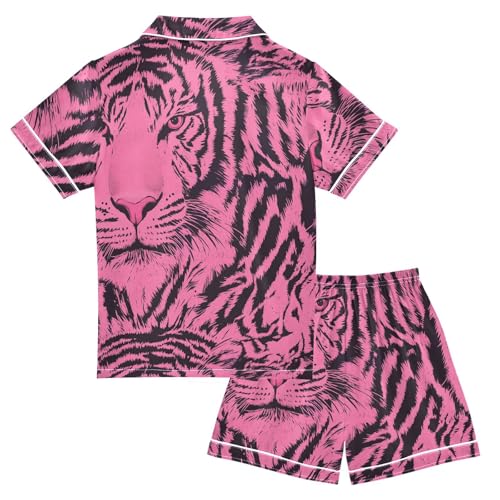 Satin Pajama Sets Short Sleeve Pink Tiger Pattern Print Button Down Silky Nightwear 2 Piece PJS 5-14Y2