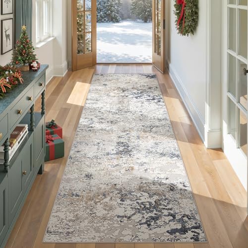 DMOYEST 3x8 Washable Runner Rug for Hallway: Soft Neutral Modern Abstract Low Pile Rug Indoor - Carpet for Bedroom Dining Room Kitchen Entryway - Beige Blue
