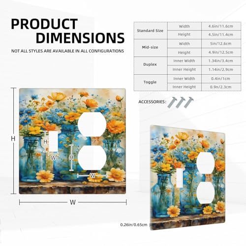 Decorative Outlet Covers Rustic Yellow Flowers Floral Blue Bottles 2 Gang Wall Plate Cover Single Toggle Duplex Combo Two Switch Light Switch Cover Plate Jumbo Dual GFCI Faceplate