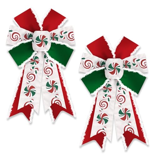 2 Pack Christmas Wreath Bows Christmas Decor Bows Green Red Candy Cane Velvet Ribbon Bows for Wreath, Xmas Tree Topper Bows for New Year Party Decoration Home Indoor Outdoor Wreath Ornament Supplies