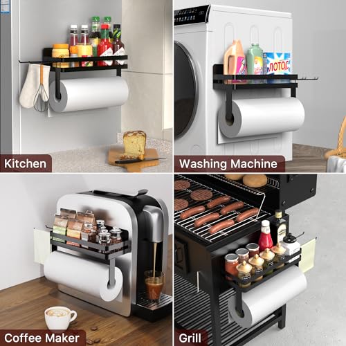 Image of ZUNTO Magnetic Paper Towel Holder for Fridge, Black Kitchen Organizer with Towel Roll Holder, Spice Shelf and 2 Hanging Racks(No Drilling)