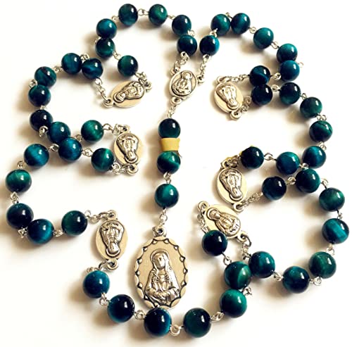 elegantmedical HANDMADE RARE Peacock buleTiger Eye Jade Beads SEVEN 7 SORROWS MARY MEDAL Rosary Necklace Catholic GIFTS
