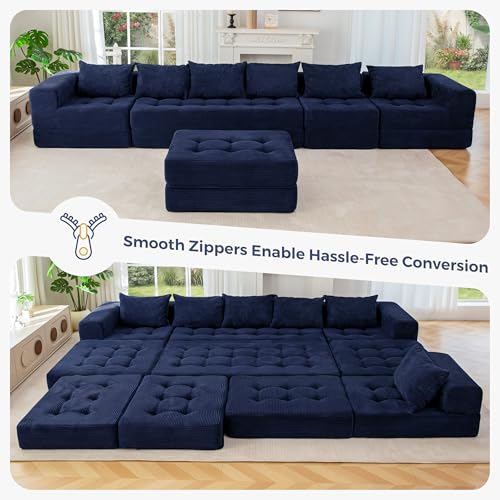Image of MAXYOYO Modular Sectional Sofa Couch, Foldable U Shaped Cloud Couch with Pillows, Tufted 7-Seat Boneless Lounger Floor Sofa Bed for Living Room, No Assembly Required, Navy