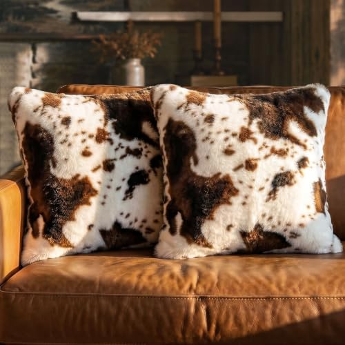 PRRPRR Cow Print Pillow Covers 18x18 Pack of 2 Faux Fur Western Throw Pillow Covers Only Brown and White Animal Print Cushion Cases for Couch Sofa Rustic Farmhouse Living Room Bedroom Decor