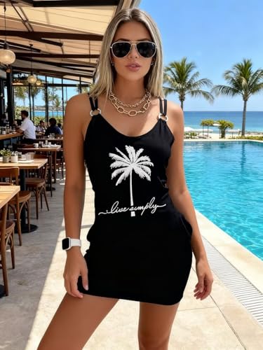 Image of Live Simple Coconut Tree Color Block Mini Dress for Women Summer Beach Vacation Tank Dresses Sleeveless Short Dress