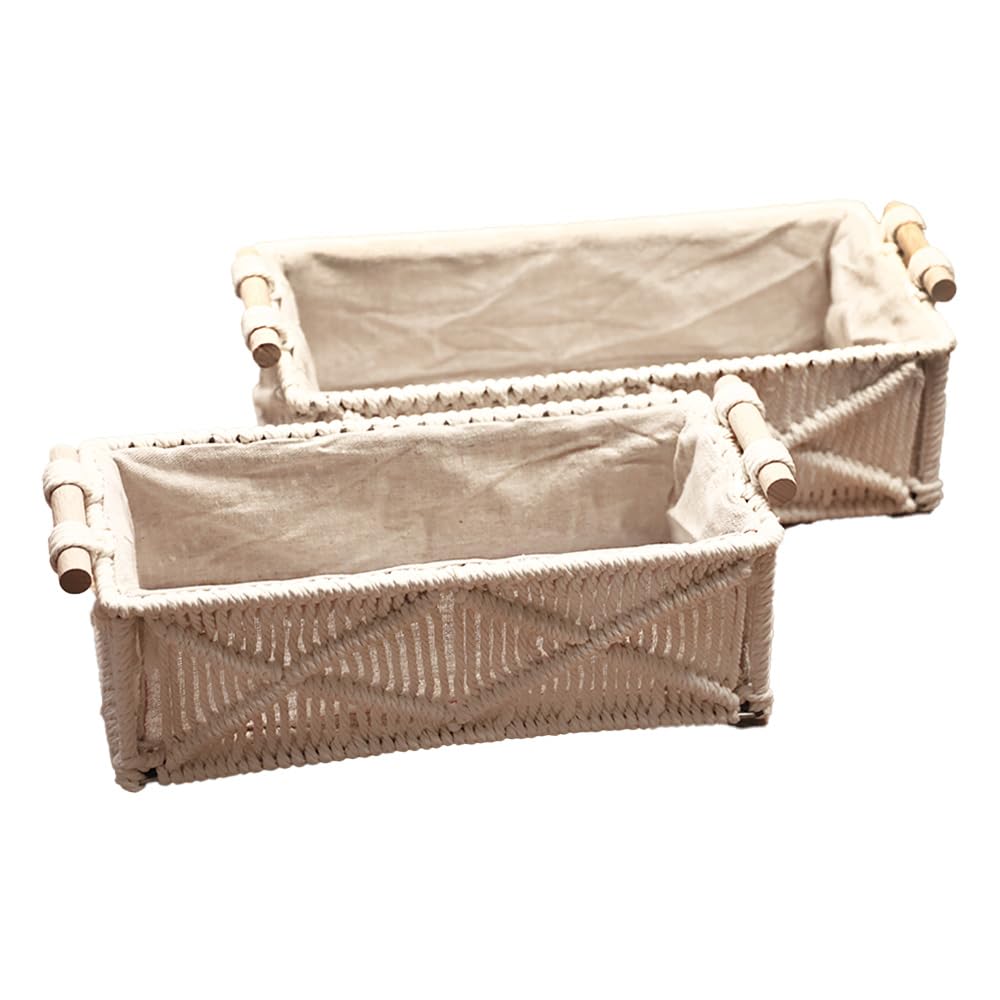 Cesto portaoggetti rettangolare, intrecciato, con inserto in tessuto, bianco, set da 2 pezzi