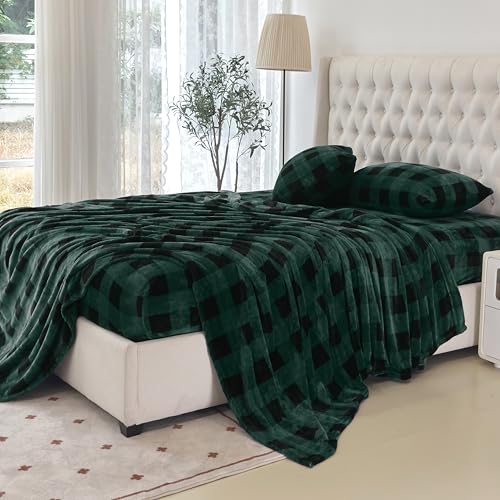 Elegant Comfort Luxuriously Soft 4-Piece Velvet Plush Flannel Sheet Set - Premium Quality - Cozy Warm, Anti-Static, Non Pilling Fuzzy Velvet Flannel Fleece Deep Pocket Sheet Set - Full, Buffalo Green