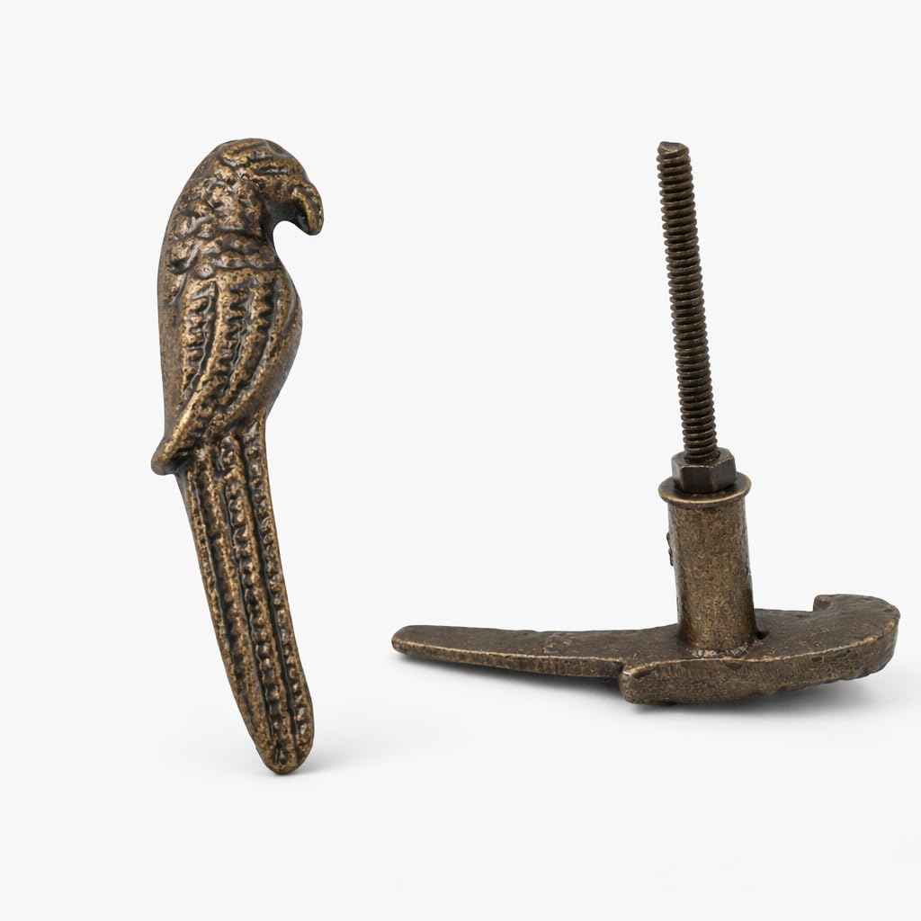Set of 2 Solid Brass Cabinet Knobs – Vintage Antique Round Drawer Knobs with Handcrafted Textured Finish – Heavy Duty Kitchen Cupboard Pull Handles (6.8 cm Screw Length, 3.8 cm Base) (Parrot)