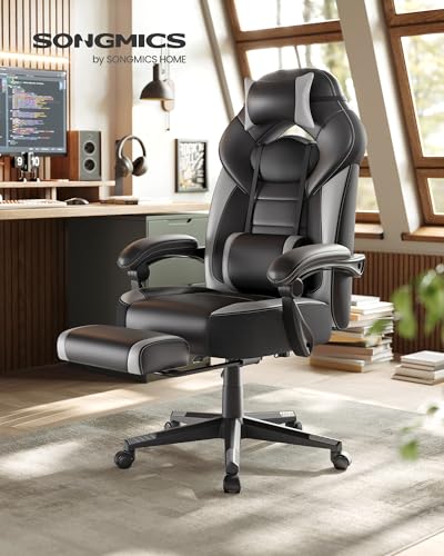 Sedia Gaming, Sedia Ufficio Scrivania, Ergonomico, con Poggiapiedi, Poggiatesta Regolabile, Cuscino Lombare, Portata 150 kg, Grigio e Nero OBG77BG - Sedia gaming - Immagine 1