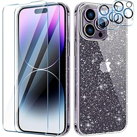 AROYI [5 in 1] Clear Glitter Case for iPhone 14 Pro max Case with 2 Pack Tempered Glass Screen Protector and 2 Pack Camera Lens Protector, Soft Bumper Anti-Scratch Sparkle Bling Phone case 6.7 Inch Cover