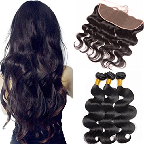 XSYHair Body Wave 13×4 Lace Closure with 3 Bundles Nature Black Human Hair Bundles Free Part Closure for Black Women