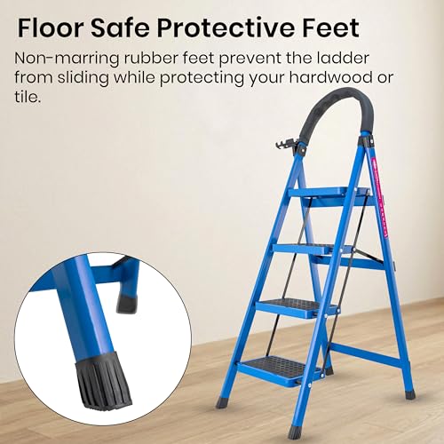 Image of Casa Copenhagen Blue 4 Step Ladder for Home Use with Built-in Tool Tray | Heavy Duty D Shape Rods | Ultra Large Platform | Wide Rubber Feet | 150Kg Capacity Foldable Ladder - 7 Years Warranty