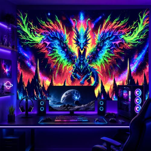 Image of BlissYard Blacklight Dragon Tapestry 78x59 Inch UV Reactive Colorful Dragon Wall Cool Evil-Dragon Tapestry Glow In The Dark Black Light Posters Wall Hanging Bedroom Dorm Living Room Backdrop Decor