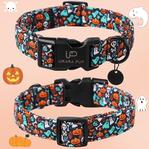 Image of Halloween Dog Collar, UP URARA PUP Cotton Skull Ghost Dog Collar for Small Dog, Fall Pet Collar with Halloween Elements Pattern, Adjustable Puppy Collar,L,Neck 16-24in
