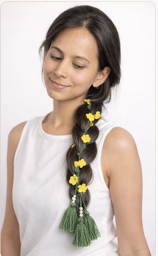 Handmade Crochet Floral Braid Extension Parandi with Yellow Flowers, Green Tassels & Pearl Accents | Traditional Hair Accessory for Women & Girls | Decorative Hair Braid Ornament-image-14