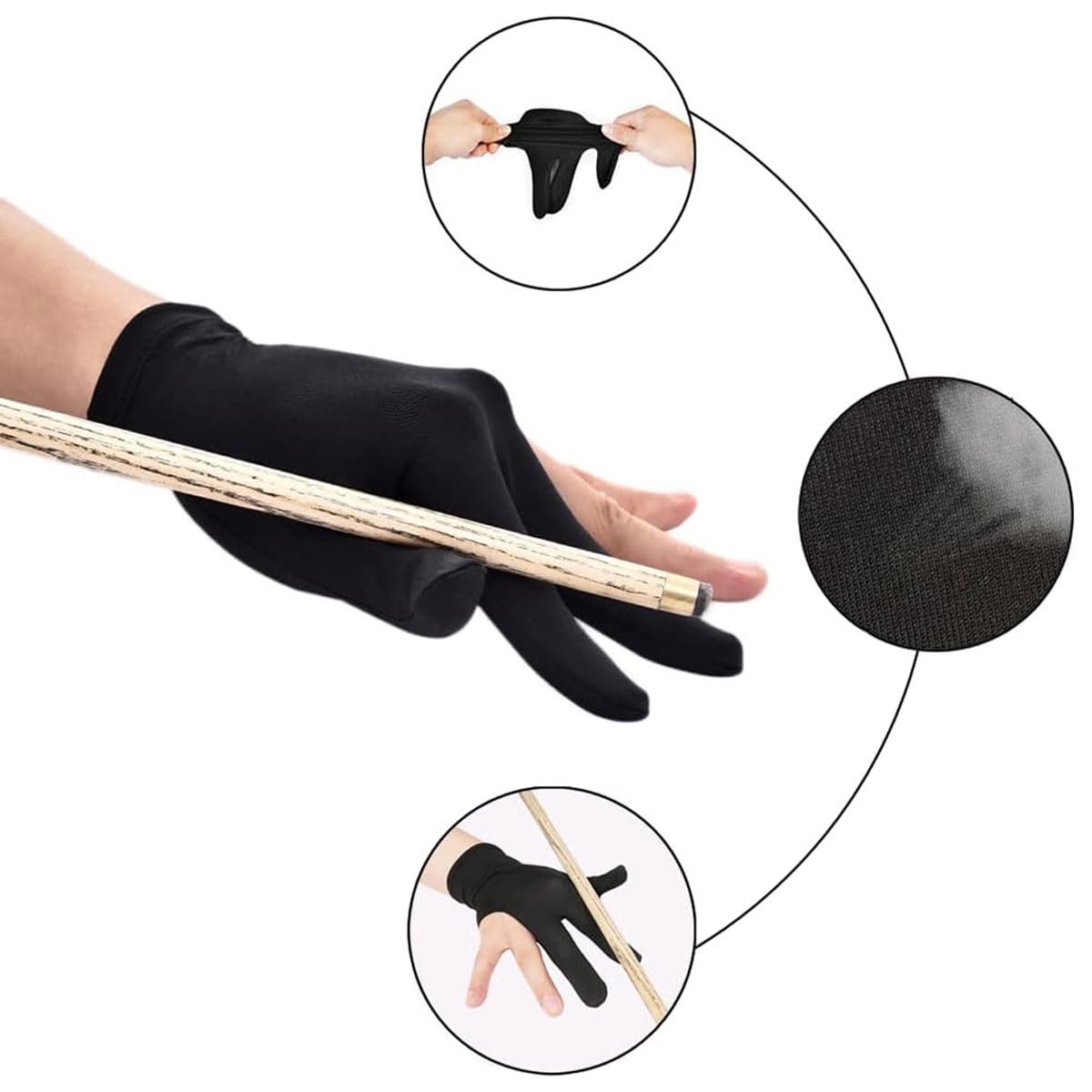 Guanti da biliardo a tre dita estensibili Nero Rete traspirante nylon 8 Pcs