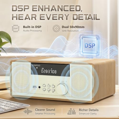 Image of LONPOO Retro Stereo System with CD Player for Home Speaker 30w Bluetooth | AUX-in,USB Playback,Earphones Output DSP-Tech,Classic Wooden Style,Remote Control