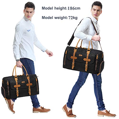 Canvas Duffel Bag,Vaschy Water-Resistant Waxed Canvas Duffle Large Leather Overnight Travel Bag with Shoe Compartment 46L Carry-on Holdall Baggage Weekend Bag