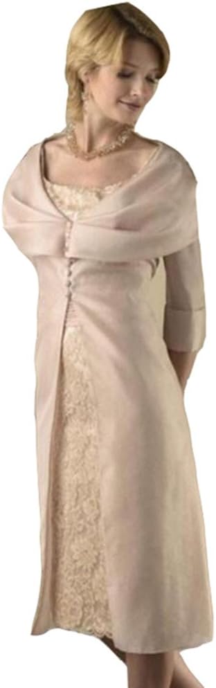 Snow Lotus Women's Champagne Two-Piece Sleeve Lace Bride Short Mother Evening Gown