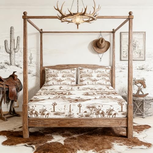Image of Western Cowboy Fitted Sheet Twin Size Brown Sketch Desert Wild Horse Bedding Set 2Pcs for Kids Boys Men Girls Bedroom Decor Rustic Farmhouse Bed Sheet Animals Deep Pocket Sheet,1 Pillowcase
