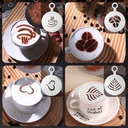 REJOECE Chocolate Sprinkles for Cappuccino, Chocolate Shaker for Cappuccino with Lid, with 20 Coffee Stencils, Chocolate Shaker Duster, Flour Shaker, Icing Sugar Shaker for Kitchen, Drinks, Baking