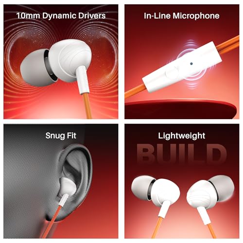 Image of boAt Bassheads 211 Wired Earphones with 10mm Drivers, Signature Sound, in-Line Microphone, 3.5mm Jack, Voice Assistant & 120cm Cables (Off White Orange)