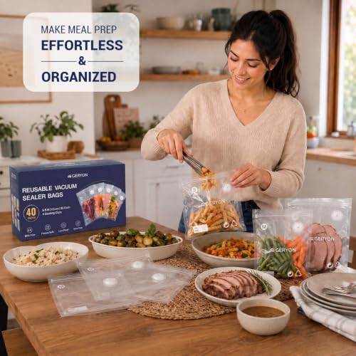 Image of GERYON Vacuum Sealer Bags for Food Reusable, 40 Pack Food Vacuum Bags, BPA-Free Vacuum Seal Bags with Air Valve, Compatible with Handheld Vacuum Sealer, Sous Vide, Freezer and Meal Prep Storage