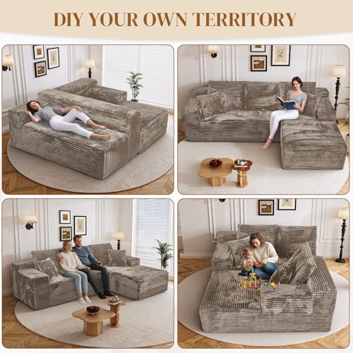 Image of 108 inch L Shaped Boneless Sectional Couches for Living Room, Comfy Corduroy Floor Cloud Sofa with Chaise, Wide Armrest, Deep Seat, Memory Foam, Assembly Free, Ideal for Small Spaces, Brown