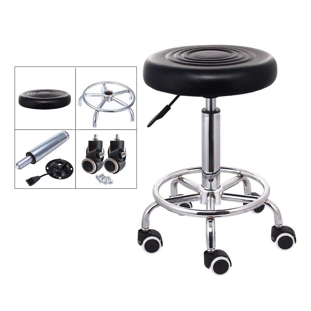 PU-Drehstuhl für den Salon, 360° Rollstuhl, Sitz, Home Office Bar, Massagehocker, Leder, Hauptstuhl, Sitz, 44–57 cm, höhenverstellbar, Schwarz