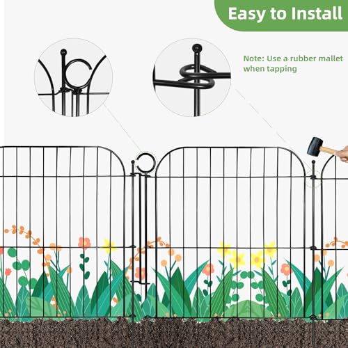 5 Panels No Dig Decorative Outdoor Garden Fence with Gate, 24 in(H) x 10 ft(L) Rustproof Metal Wire Panel Border for Yard & Patio Decor, Temporary Animal Barrier Fencing for Dog and Small Pets