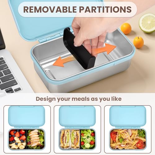 Image of JSLOVE Stainless Steel Lunch Bento Box for Adult, 30oz Leak-Proof Lunch Container, Stainless Metal Kid Bento Box with Adjustable Divider, Sauce Container, Microwave, Dishwasher & Freezer Safe(Blue)