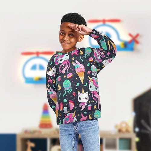 JUNZAN Rainbow unicorns Cartoon Cats Icecream Kids Girls Pullover Hoodie Crewneck Hoodies for Girls Camping 4T4