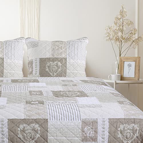 Autrefois Zoé Lin Boutis Patchwork 230x250 cm avec 2 Taies d'oreiller 65x65 cm, Couvre-lit Matelassé 2 Personnes, Dessus de lit Coeur et Dentelle