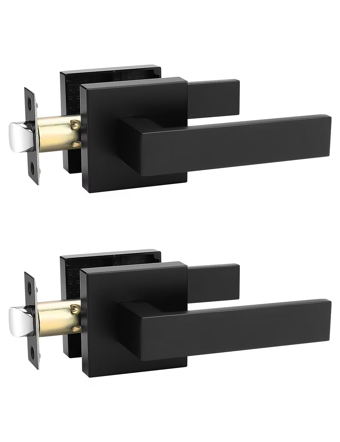 Tinewa 2 Pack Square Black Door Handles Interior, No Lock Passage Door Lever for Left or Right Handing, Heavy Duty Matte Black Closet Door Handle Sets