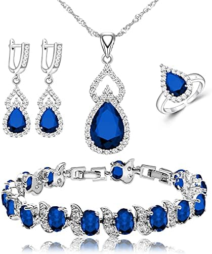 LMXXVJ Women Jewelry Set Platinum Plated Necklace Open Ring Earrings Bracelet Set,Birthday/Anniversary Mother’s Day Jewelry Gifts for Mom/Wife/Sister/Best Friend (blue, Adjustable)