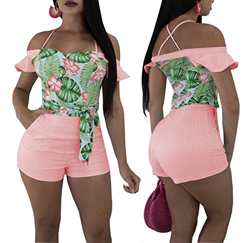 OLUOLIN Sexy Women Two Piece Off Shoulder Floral Print Jumpsuit Short Belted Pants Pink XXL, pink, XXL - Image 4