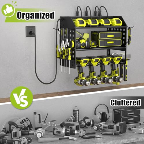 Image of SUNALLY Power Tool Organizer Wall Mount with Charging Station,3 Layer Heavy Duty Metal Tool Storage Rack with 4 Drill Holders, Power Tool Shelf for Garage, Warehouse, Workshop, Gifts for Men, Husband